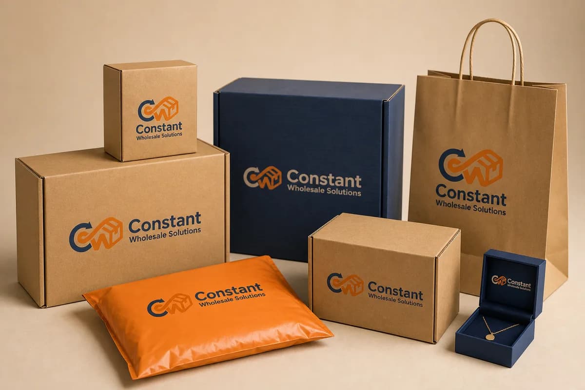 Constant Wholesale Solutions branded packaging — cardboard boxes, jewelry box, poly mailer, and paper bag